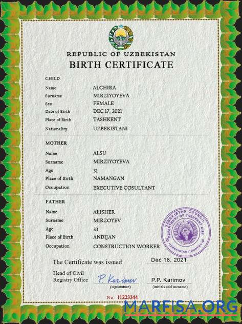 Downloadable Uzbekistan birth certificate PSD template